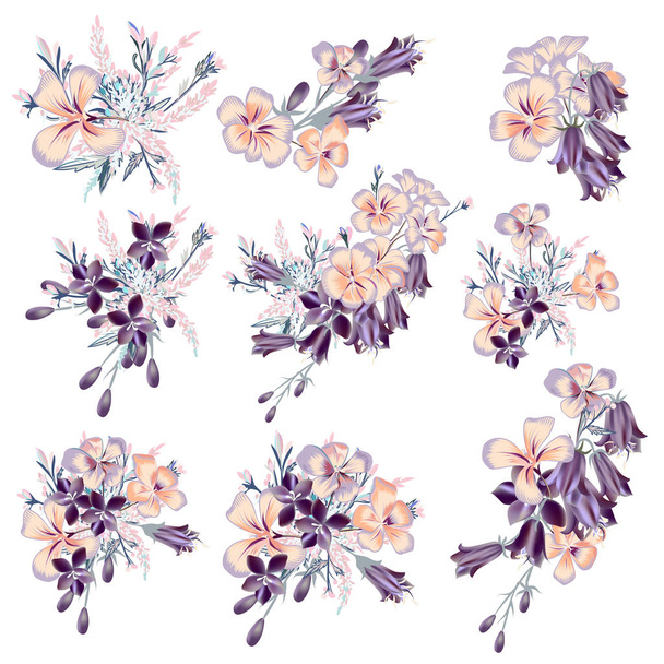 Vektoros lila virágkompozíciók gyűjteménye esküvői tervekhez, meghívók vintage stílusban - Vektor, kép
