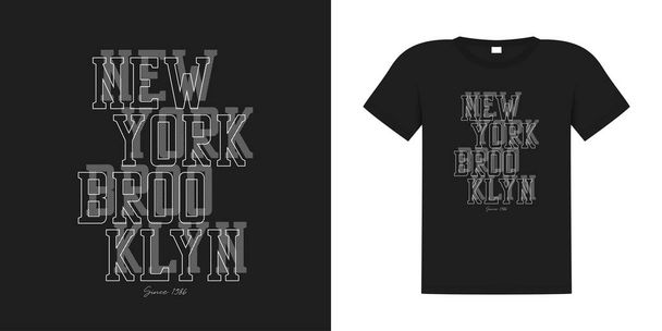 New York, Brooklyn typografie graphics voor t-shirt. Tee shirt print met tekst van lijnen en outline font. Apparatuur ontwerp. Voorbeeld op t-shirt. Mondiale stalen. Vectorillustratie. - Vector, afbeelding