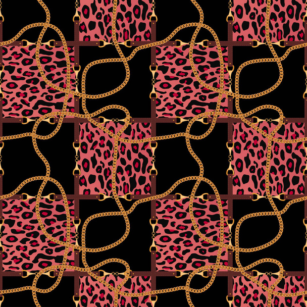Seamless pattern with belts, chain and texture of leopard skin. Background for for fabric design. Vector. - Vector, Image