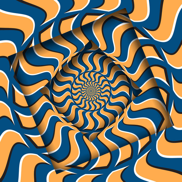 Abstrakcyjne obracane ramki z obracającym się niebieskim pomarańczowym wzorem falistych kwadratów. Złudzenie optyczne hipnotyczne tło. - Wektor, obraz