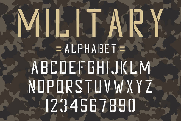 Military stencil font. Army stencil alphabet and numbers on camouflage background. Vintage typeface. Vector. - Vector, Image