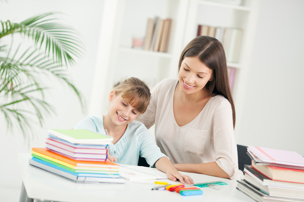 Mother and Daughter Doing Homework Together - 写真・画像