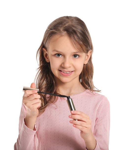 Cute little makeup artist on white background - Photo, Image