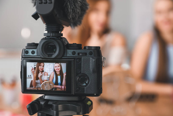 Young beauty bloggers recording video at home - Foto, Imagen