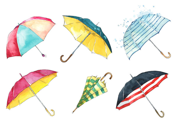 Set of watercolor hand painted colorful umbrellas - Photo, Image