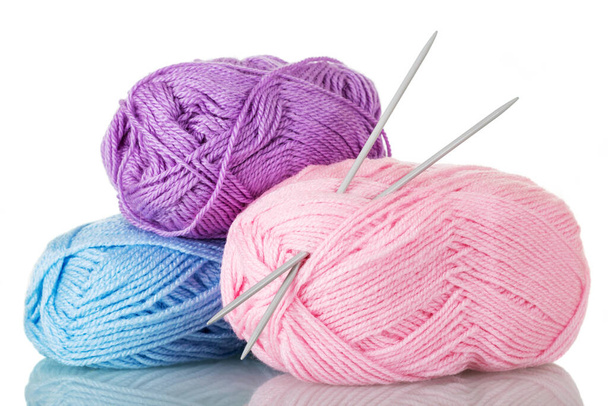 Soft colored balls of yarn and knitting needles, isolated on white background - Φωτογραφία, εικόνα