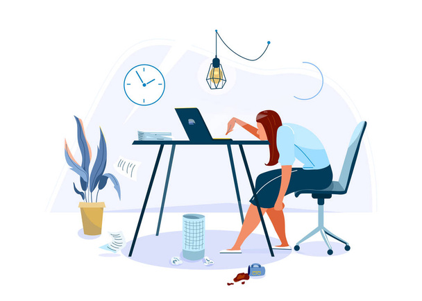 椅子に座ってコンピュータで仕事をしようとしている疲れている女性のオフィスワーカー。バーンアウトの概念ベクトル背景。白を基調としたビジネスフラット漫画イラスト - ベクター画像