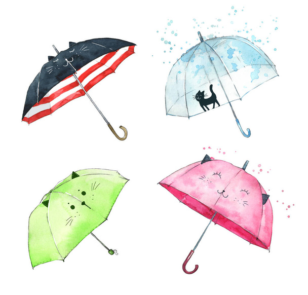 Set of watercolor hand painted cute umbrellas with kitten faces - Fotografie, Obrázek