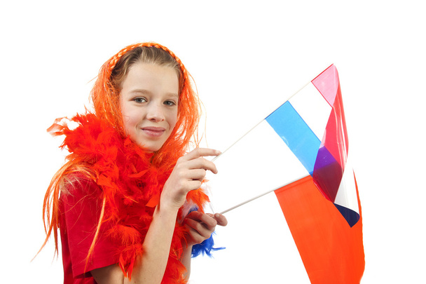 Girl is posing in orange outfit for soccer game - Valokuva, kuva