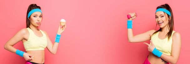ダンベルを指差して指で指差す笑顔のスポーツ女性とピンクを背景にカップケーキを持って動揺した少女のコラージュパノラマ撮影 - 写真・画像