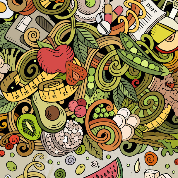 Cartoni animati doodles dieta cibo telaio. Colori vivaci dieta bordo divertente
 - Foto, immagini
