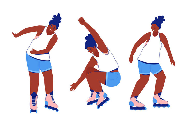 Roller skating teen collection. African girls rollerblading. - Vector, Image