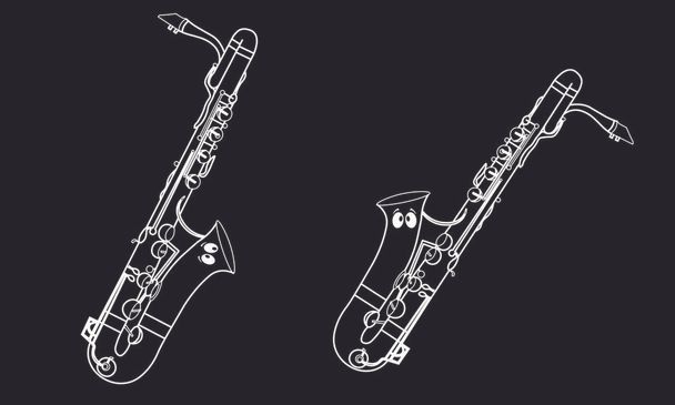 Eine weiße einfache Linie, ein Vektor mit flachen Buchstaben, Formen oder Umrisse von Musikinstrumenten als Konturabbildung eines Saxophon-Ensembles auf schwarzem Hintergrund - Vektor, Bild