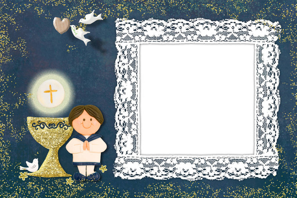 Brown boy  First Communion card. Empty picture frame,  cheerful background with religious symbols, blank space. - Photo, Image