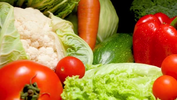 4k dolly video de gran variedad de verduras frescas de granja acostado sobre la mesa sobre fondo negro. Concepto de alimentación saludable y alimentos orgánicos. Fondo perfecto para vegetarianos o veganos
 - Imágenes, Vídeo