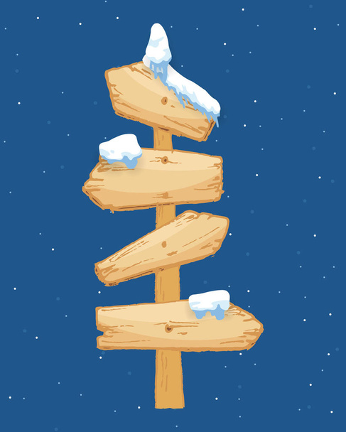 Sinal de inverno de madeira dos desenhos animados com ilustração de vetor de boné de neve. Placa de sinalização nevada. Flecha direcional de madeira, banner coberto de neve
 - Vetor, Imagem