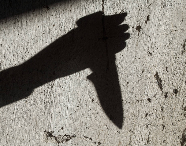 Shadow of the hand holding a big sharp knife. Murderer, killer or robber with a knife. Criminal. Crime. Horror scene. - Photo, image