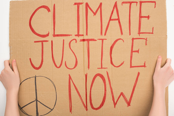 Vista ritagliata della donna che tiene cartello con la giustizia climatica ora lettering su sfondo bianco, concetto di riscaldamento globale
 - Foto, immagini