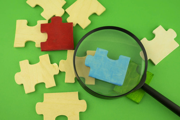 Selection of jigsaw puzzle pieces with magnifying glass on a green background with copy space conceptual of a search, teamwork and problem solving - Foto, Imagen