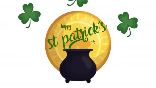 st patricks day animated card with treasure cauldron and clovers - Materiał filmowy, wideo