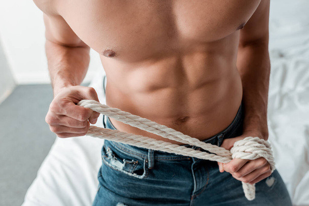 cropped view of dominant man in jeans holding rope - Foto, Imagem