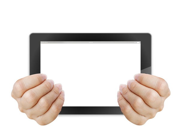 Touch pad PC e pulsanti di immagini in streaming sulle donne mano sul retro
 - Foto, immagini