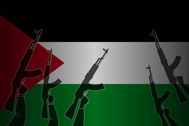 Illusztráció a fegyveres, katonai konfliktusokhoz és a palesztin konfrontációhoz. Sziluettje emelt fel támadó puskákat a háttérben a zászló Palesztina. Hírek, cikk, blog, nyomtatás - Vektor, kép