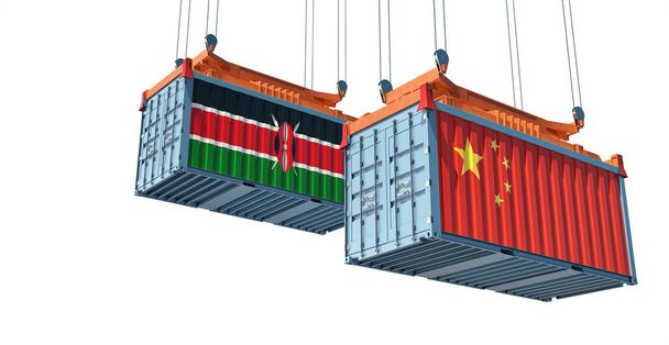 Frachtcontainer unter chinesischer und kenianischer Flagge. Isoliert auf weiß für Compositing. 3D-Rendering - Foto, Bild