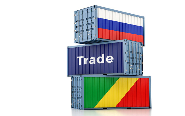 Freight container with Russia and Republic of the Congo flag. 3D Rendering - Valokuva, kuva