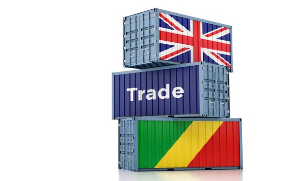 Freight container with United Kingdom and Republic of the Congo flag. 3D Rendering - Foto, imagen