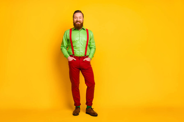 Full length photo of attractive macho funny guy good mood cheerful toothy smiling wear green shirt red suspenders pants socks footwear isolated shine color background - Foto, Imagem