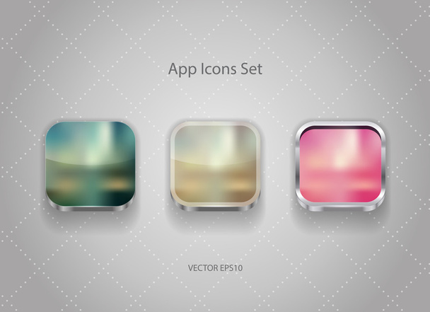 Vector square app icons with metallic borders and blurry unfocused backgrounds. - Vektör, Görsel