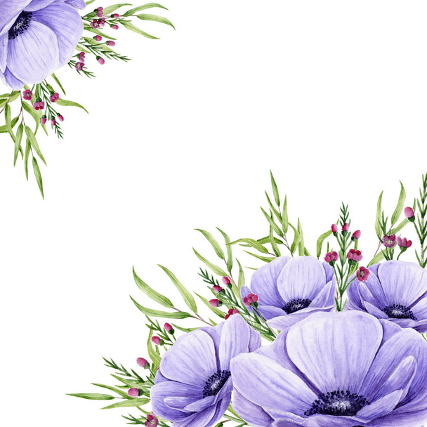 Aquarel boeket van anemonen, takjes eucalyptus en chamelaucium geïsoleerd op wit. Met de hand geschilderde bloemen en bladeren perfect voor bruiloft uitnodiging, wenskaart en textiel. Illustratie - Foto, afbeelding