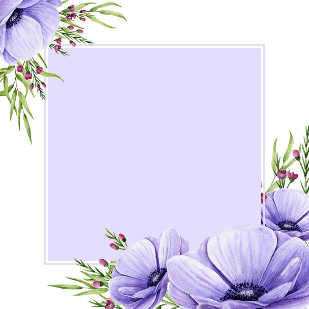 Kártya akvarell anemonokkal, eukaliptusz és kamelaucium sprigkkel. Négyzet alakú keret kézzel festett virágokkal és levelek tökéletes esküvői meghívó, üdvözlőlap és szövet textil. Illusztráció - Fotó, kép