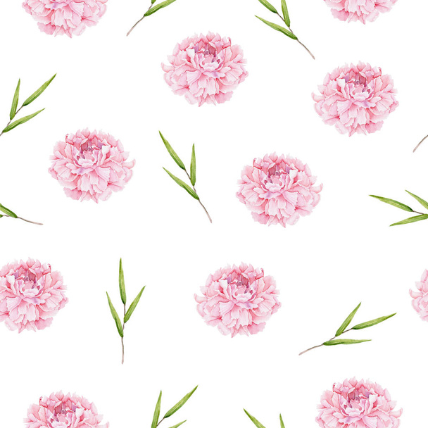 Seamless pattern of watercolor pink peonies and green sprigs. Isolated hand painted flowers and leaves on white perfect for card making, wallpaper, vintage design and fabric textile. Illustration - Foto, Imagem