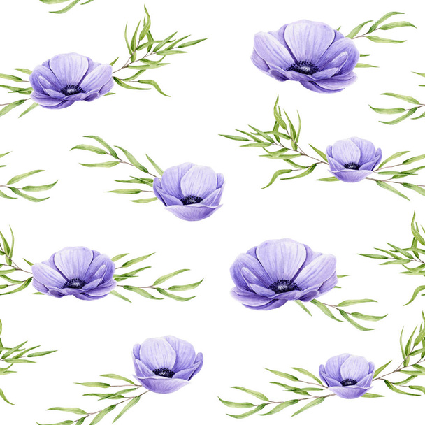 Seamless pattern of watercolor anemones and sprigs of eucalyptus nicholii. Isolated hand painted flowers and leaves on white perfect for card making, wallpaper, design and fabric textile. Illustration - Photo, Image