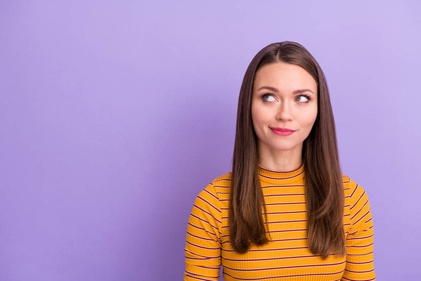 Close-up portrait of her she nice-looking attractive pretty cute lovely pensive creative girl thinking creating plan isolated over violet purple lilac pastel color background - Photo, image