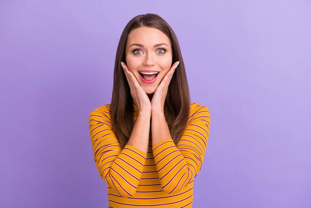 Close-up portrait of her she nice-looking attractive lovely positive cheerful cheery glad girl having fun great news yes good luck isolated over violet purple pastel color background - Foto, Bild