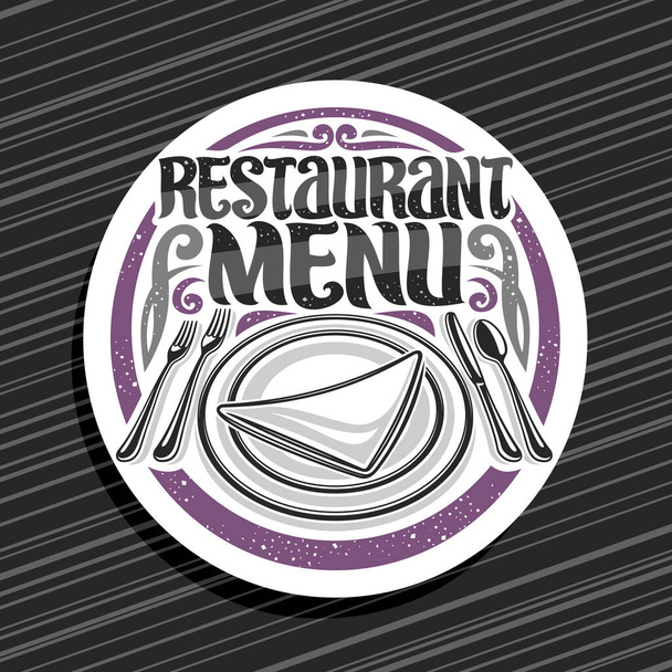 Logo vettoriale per menu ristorante, badge cerchio bianco con illustrazione di piatto con tovagliolo e posate vista dall'alto, segnaletica d'arte con pennello carattere per parole menu ristorante su sfondo nero
. - Vettoriali, immagini