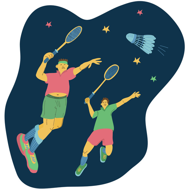 Badminton oyuncuları raketlerini sallayarak bir mekikçiyi yeniyor. Harika bir spor afişi. Koyu mavi arkaplanda izole edilmiş vektör illüstrasyonu. - Vektör, Görsel
