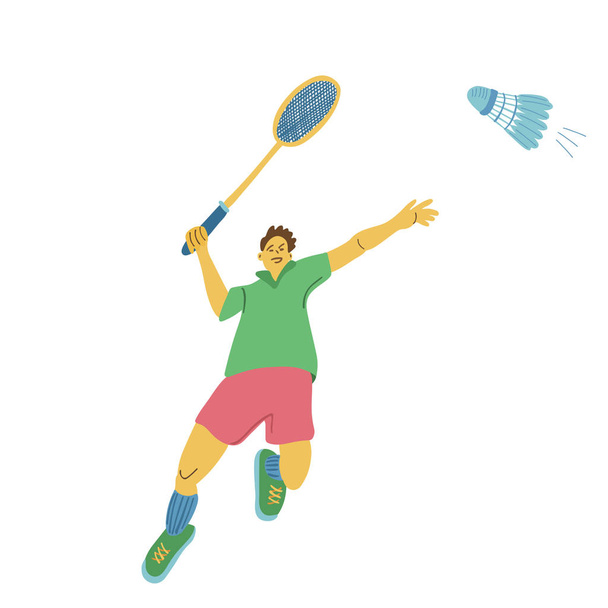  Un jugador de bádminton saltando balanceando su raqueta para vencer a un lanzadera. Gran póster deportivo. Ilustración vectorial aislada sobre fondo blanco
.  - Vector, Imagen