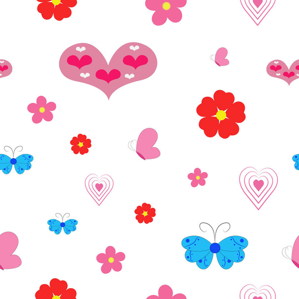 Flying pretty butterfly flower and heart vector seamless pattern. Childish fashion textile print design. butterfly flower and heart garden insect seamless pattern. - Vektor, obrázek