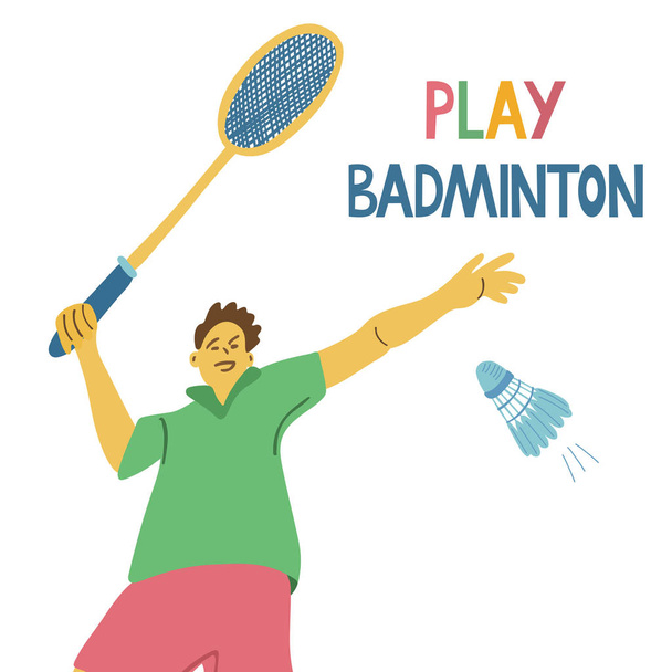  Badminton oynayın. Elinde badminton raketi ve uçan bir pipi tutan tek bir oyuncu. Harika bir spor afişi. Beyaz arkaplanda vektör illüstrasyon ve harfler. - Vektör, Görsel
