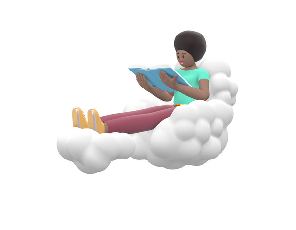 Młoda, wesoła afrykańska dziewczyna siedząca na niebie na chmurze czyta książkę. Pozytywny charakter w casual kolorowe ubrania izolowane na białym tle. Zabawny, szczęśliwy człowiek z kreskówki, uczeń, nastolatek w minimalnym stylu. 3d renderowanie. - Zdjęcie, obraz