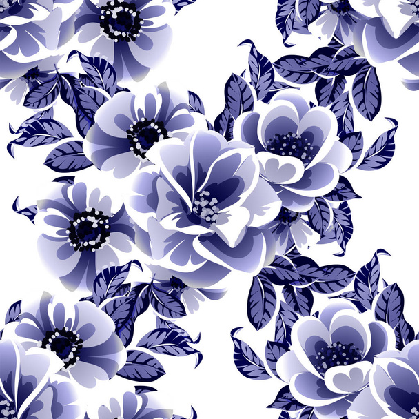 Seamless blue monochrome vintage style flowers pattern - Wektor, obraz