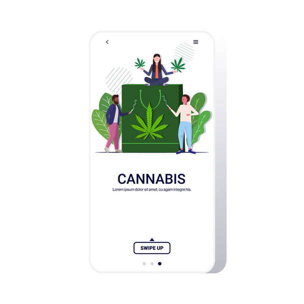 mix race people smoking joint drugs consumption legalize cannabis addiction concept shopping bag with marijuana leaf full length smartphone screen mobile app copy space - Διάνυσμα, εικόνα