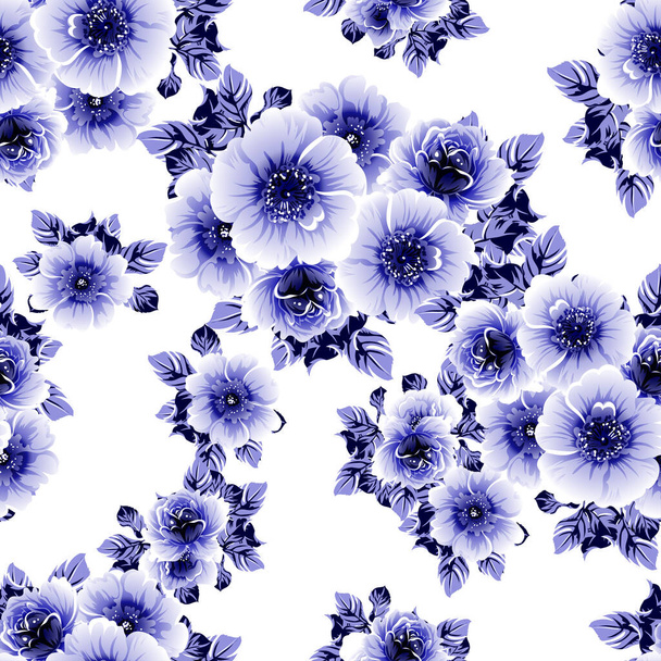 Seamless blue monochrome vintage style flowers pattern - Вектор, зображення