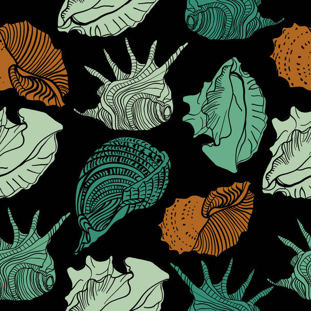 Seamless pattern with seashells. Vector composition template with nautical elements. For printing on fabric, paper. - Vektor, Bild