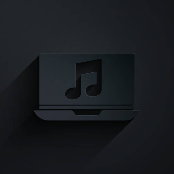 Portátil de corte de papel con símbolo de nota musical en el icono de la pantalla aislado sobre fondo negro. Estilo de arte de papel. Ilustración vectorial
 - Vector, imagen