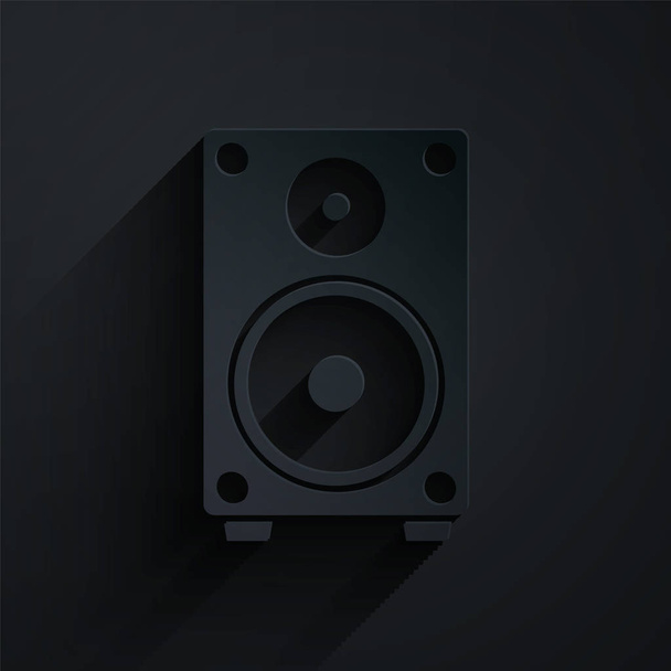Paper cut Stereo speaker icon isolated on black background. Sound system speakers. Music icon. Musical column speaker bass equipment. Paper art style. Vector Illustration - Vector, Image